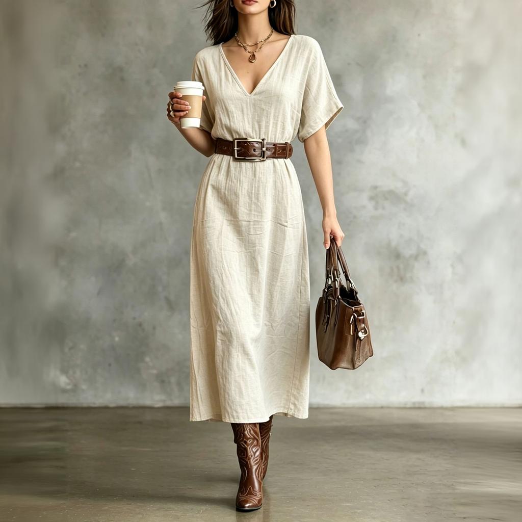 Women's Short Sleeve V-Neck Bohemian Cotton Linen Dress for Summer Casual Wear