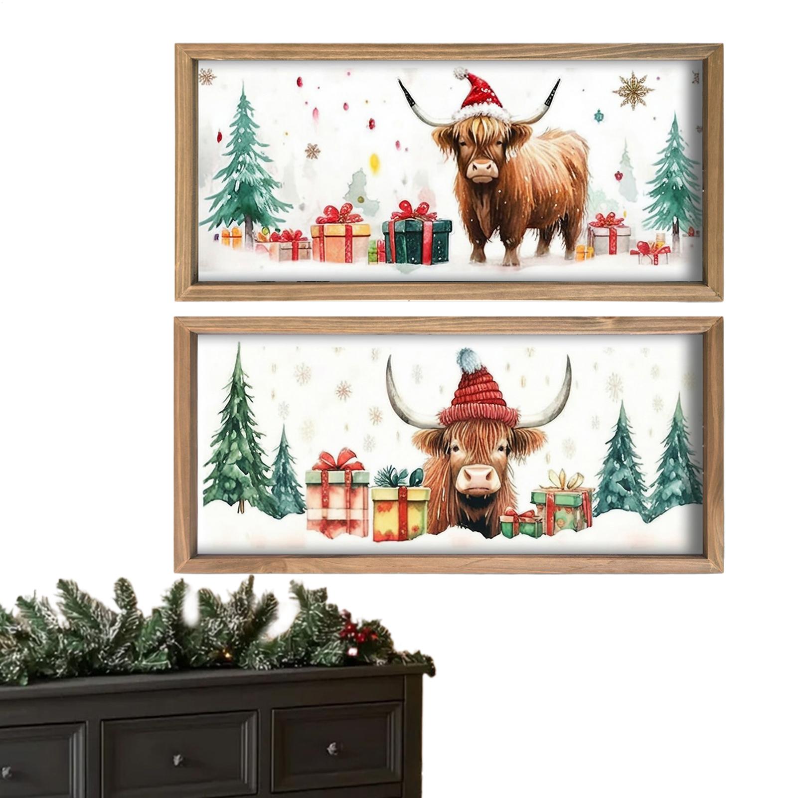 2 шт. Рождественская Хайлендская Корова Картина Фермерский Дом Настенное Украшение Рустик Дерево Принт Корова Искусство Настенный Декор Рождественское Украшение CN