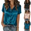 Womens Short Sleeve Button Down Satin Shirt with Pocket Loose Fit Lapel Collar Blouse for Casual or Office Wear
