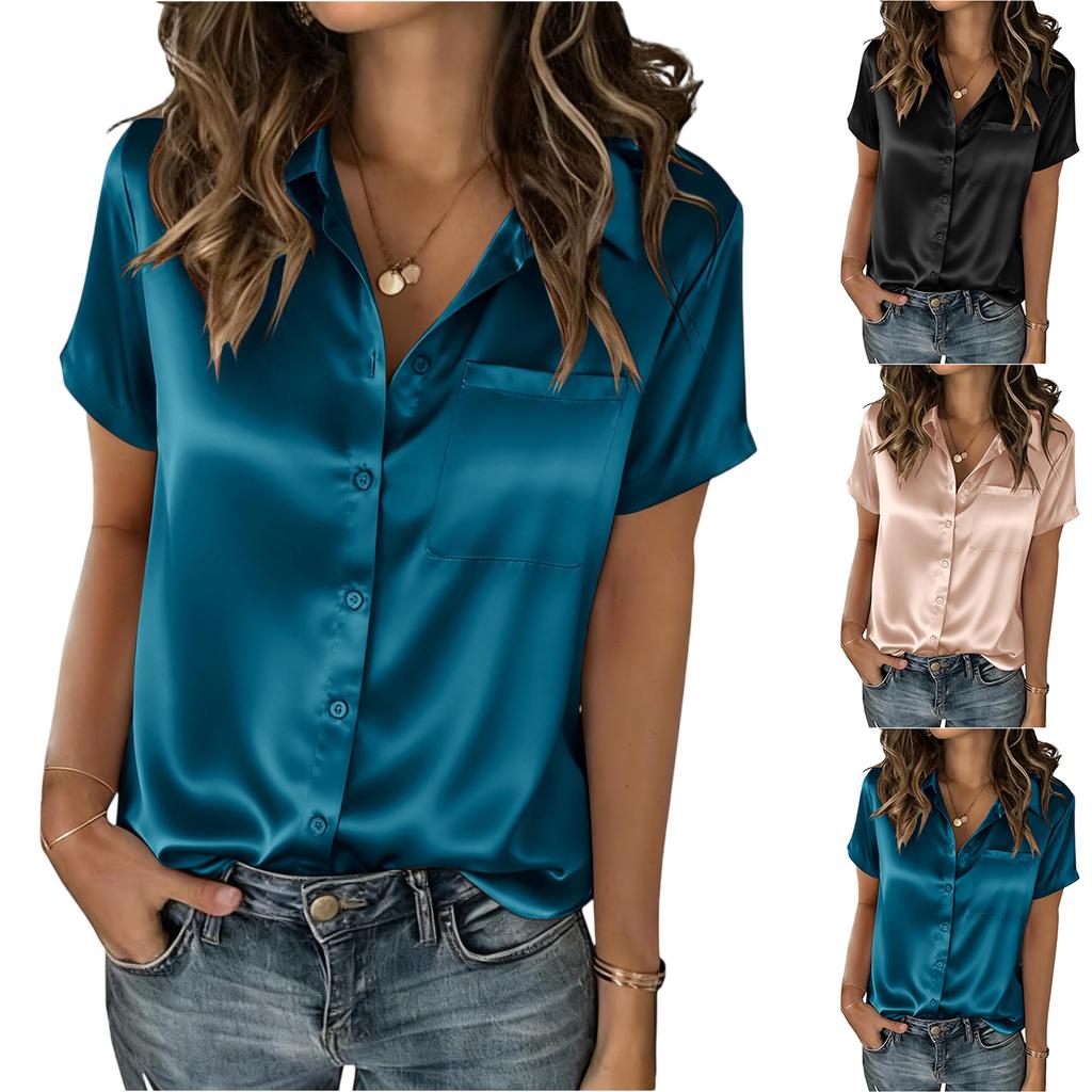 Womens Short Sleeve Button Down Satin Shirt with Pocket Loose Fit Lapel Collar Blouse for Casual or Office Wear