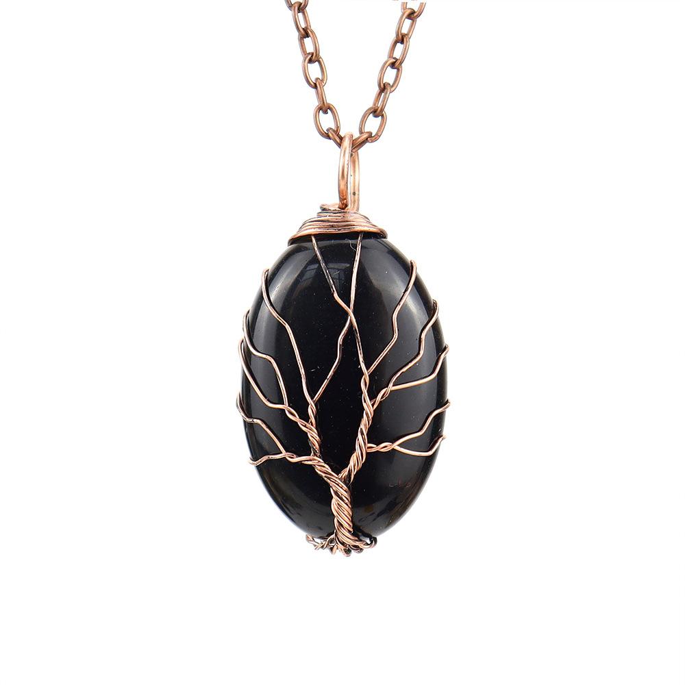 Natural Crystal Rough Stone Hand-Wound Egg-Shaped Tree Of Life Pendant Necklace N645
