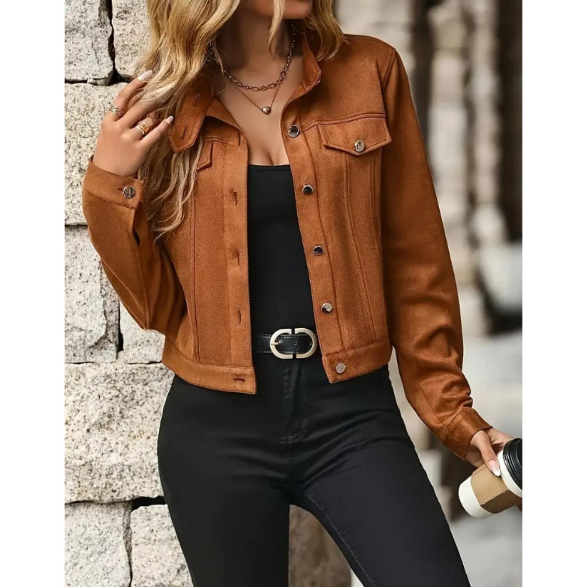 

Женская замшевая короткая куртка 2025 Осень Зима Новая Мода Повседневная Верхняя одежда Пальто S коричневый