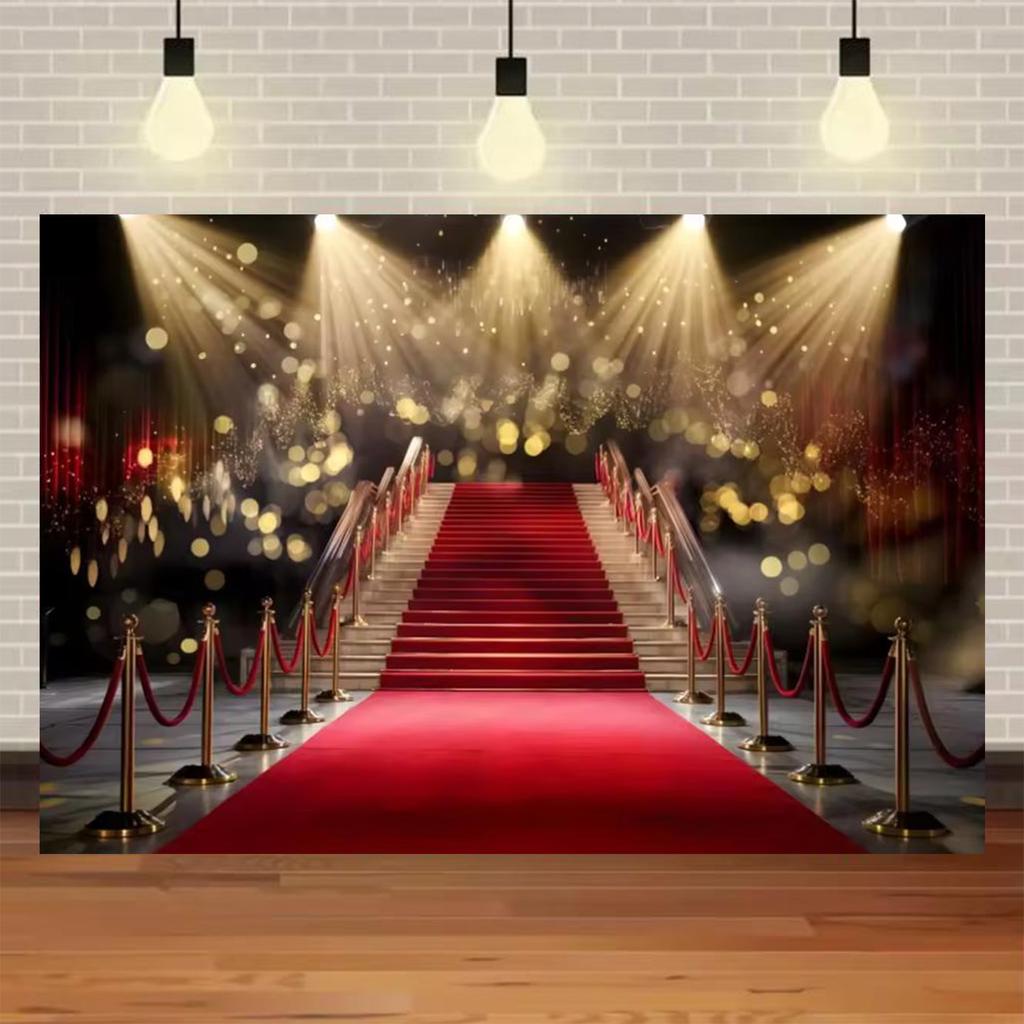 Fondo Fotografico Tappeto Rosso di Hollywood, Tema Uscita Film e Premio Oscar, Fondo Fotografico Focalizzato sull'Oro, Decorazioni per Eventi e Palchi