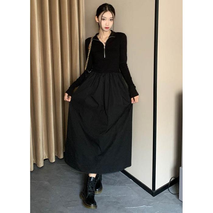 

Korean version of Polo collar light mature style niche design temperament slim waist white knitted dress women s season XL чорний