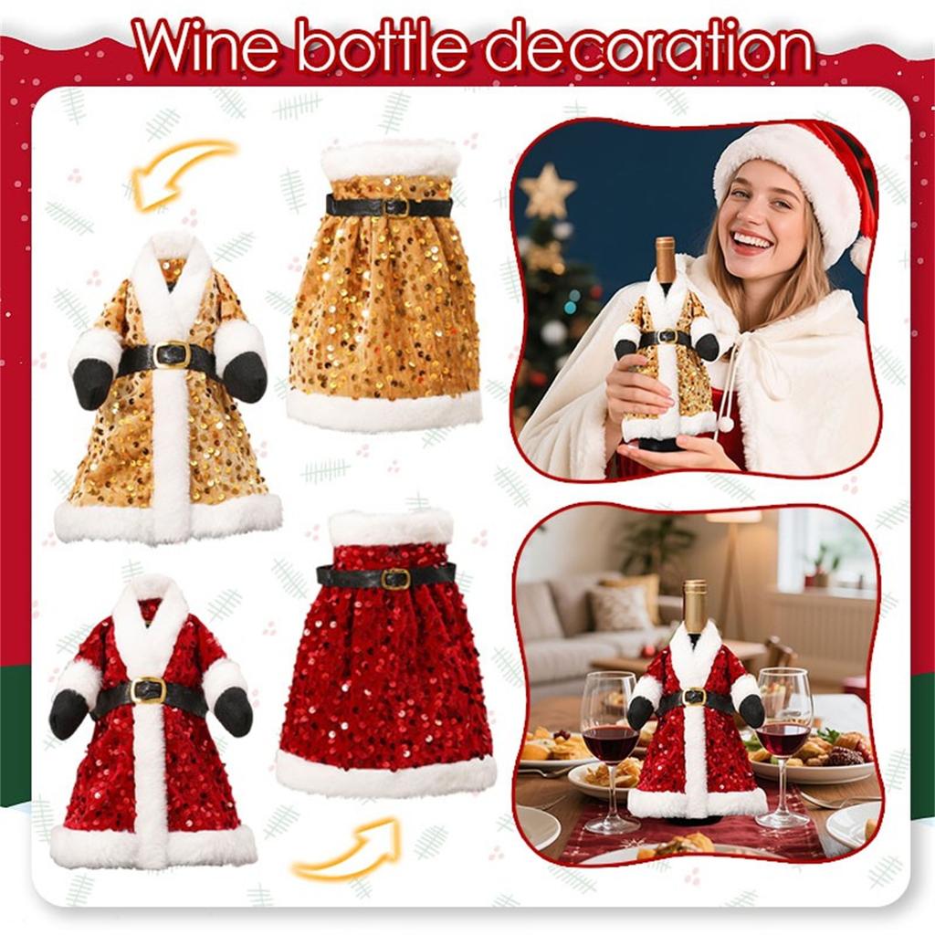 Santa Coat Wine Bottle Cover Set- Sequin Christmas Decor, Sparkling Wine Bottle Dress Decorations, Holiday Table Decor, Present Bag Party Decor For