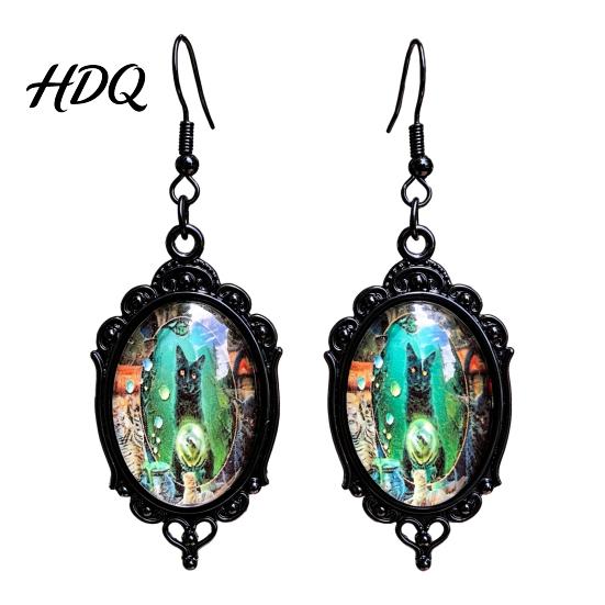 Vintage Theme Gift for Halloween Party 1 Pair Gothic Black Cat Earrings Women Exquisite Craftsmanship Favors Dark Punk Style Dangle Drop Earrings,