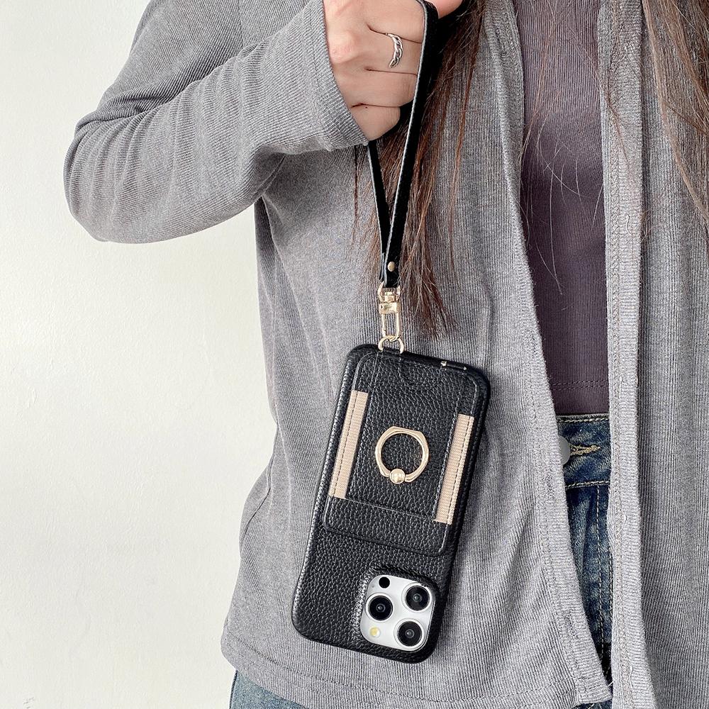 For iPhone 15 Pro Case Card Slots Kickstand PU Leather Back Cover with Ring Holder,Wrist Strap