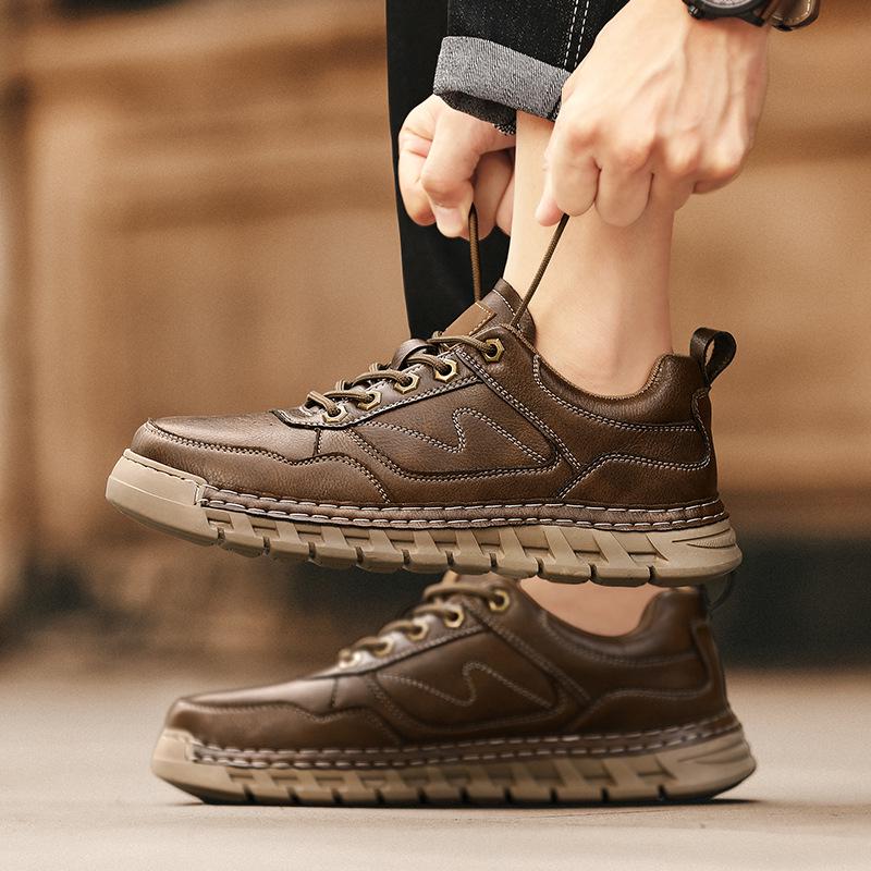 Men's Large Soft Sole Leather Driving Shoes - Hand-stitched Low-top Lace-up Autumn Casual Footwear
