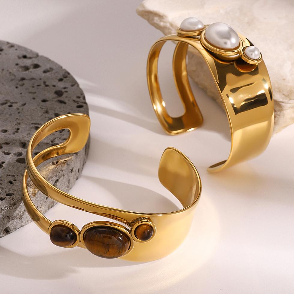 Youthway Exaggerated Retro Gold Plated Stainless Steel Natural Stone Imitation Pearl Bracelet Bangle For Women Fashion Jewelry