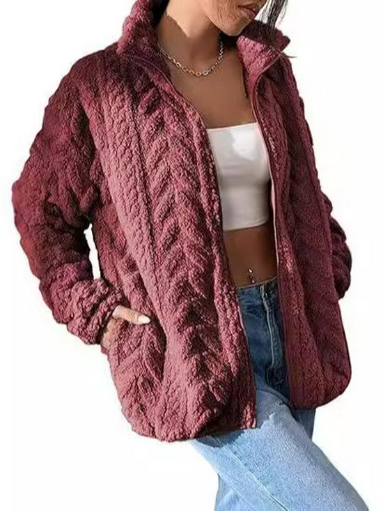 2026 Women's Solid Color Casual Zipper Cardigan with Stand Collar Fleece Jacket