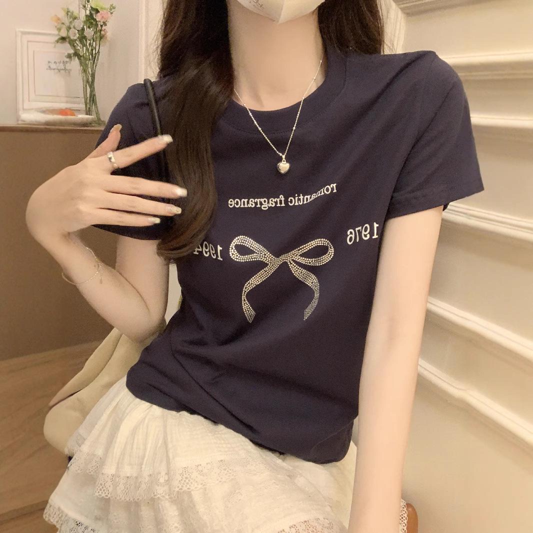 

Нишевый Дизайн Чувство Переднего Плеча Чистый Хлопок Круглый Вырез Футболка с Коротким Рукавом для Женского Топа Базовая Футболка Лето L темно-синий