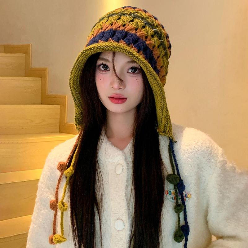 Women'S Baotou Hat Autumn And Winter Colorful Tassel Ball Tie Earmuffs Hollow Knitted Wool Hat