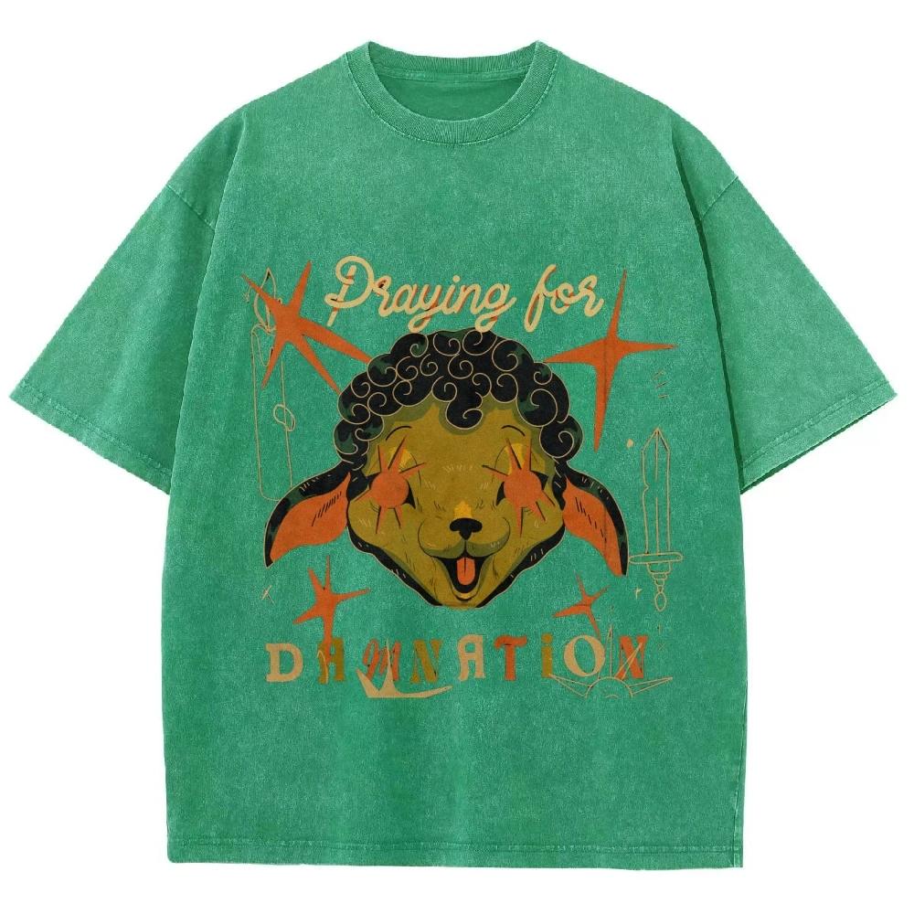 Cool Devil Sheep T Shirts Unisex Washed Tees Men Women Oversized Short Sleeve T-shirt Cotton Streetwear Graphic T Shirt