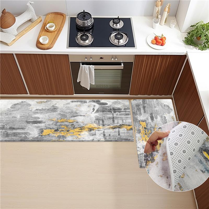 Soft Velvet Kitchen Rug Set With Abstract Print Non-slip Absorbent  Washable Doormat Bathroom Floor Mat