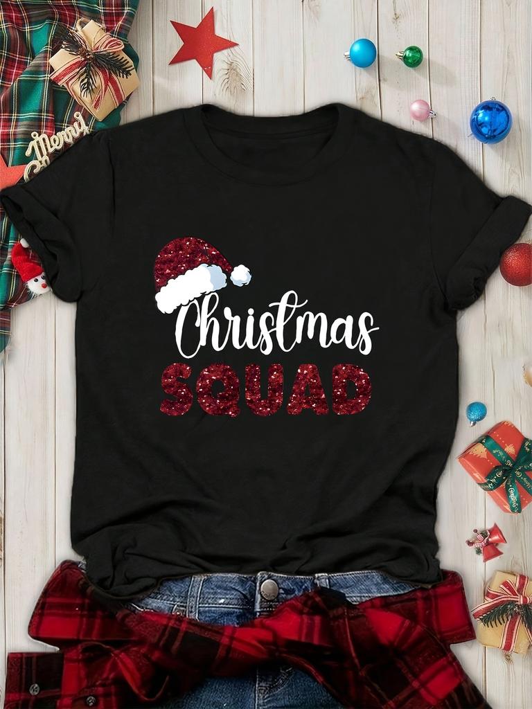 Christmas Christmas Team Letter Tshirt Casual Round Neck Retro Tshirt For Summer Daily And Holiday Wear Unisexs Clothing