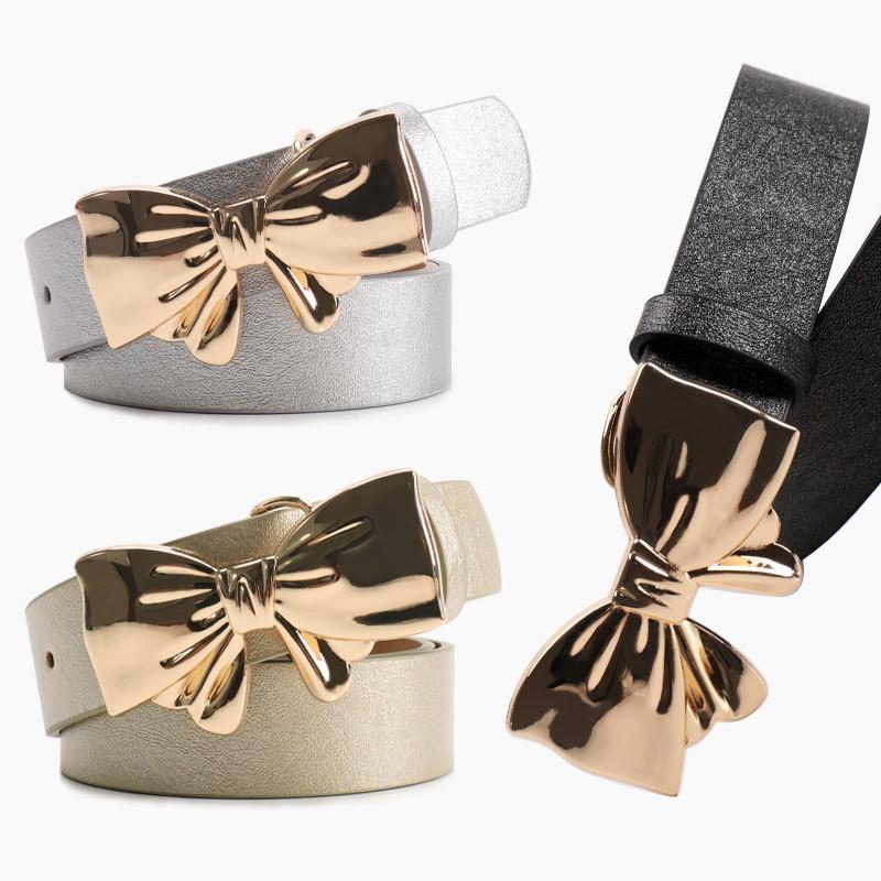 Metal Bow Knot Pu Leather Waist Belt Solid Color Waistband Women Gift Fashion