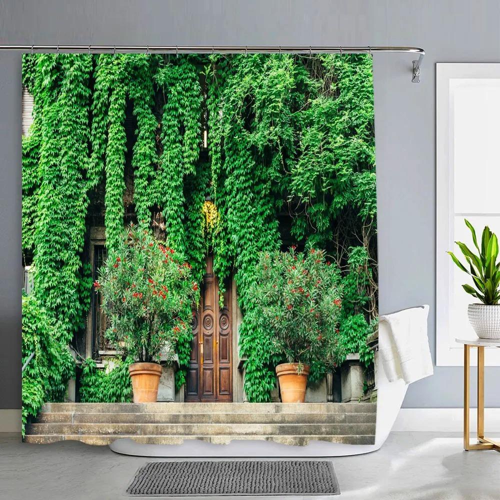Old Door With Flowers In Verona Italy Shower Curtain Outdoor Street Garden Landscape Polyester Shower Curtains Bathroom Decor