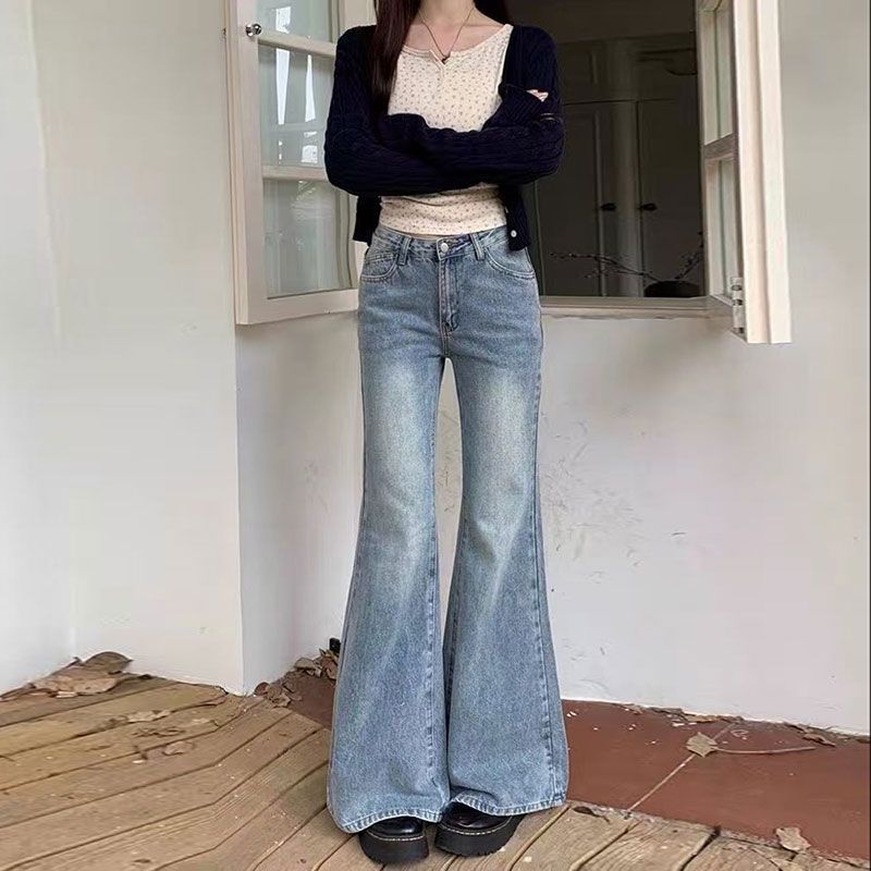 Comfortable Light Blue Micro Flare Jeans Women Spring High Waist Loose Skinny Retro Wide Leg Trailing Trousers Tide Jeans for Women Long Denim Pants