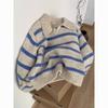 European Niche Blue Striped Polo Lapel New Sweater Women's Lazy Pullover