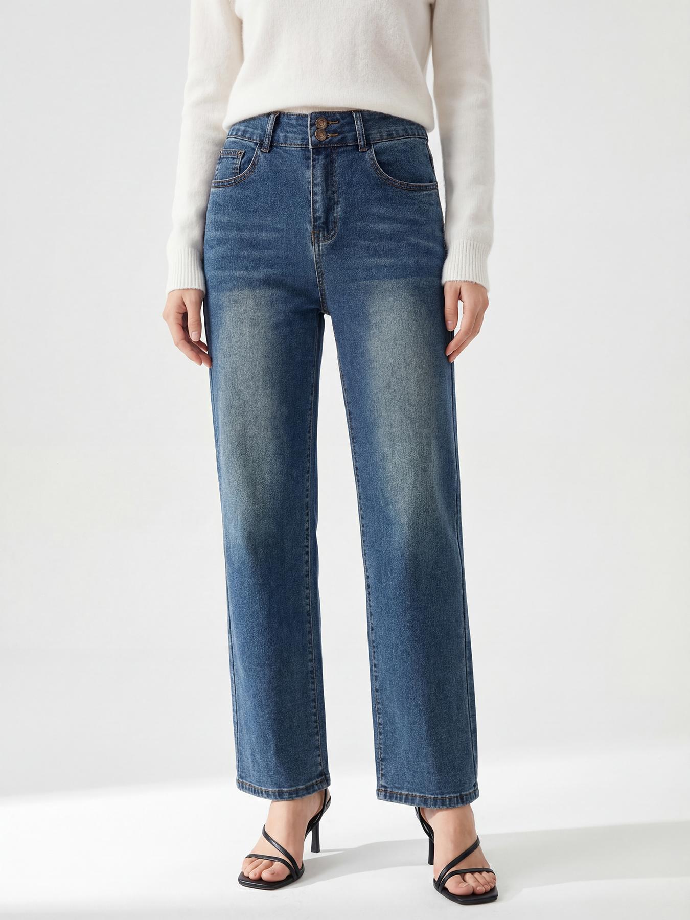 

Puffanpop Women s Stretchy High Waist Straight Leg Jeans Washed Denim Pants Double Button Closure Comfortable Casual Trendy Trousers for Daily Office XXL синій
