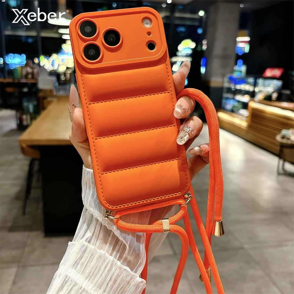 Soft Down Jacket Lanyard Crossbody Case For iPhone 17 16 15 14 13 12 11 Pro Max Plus Air XR XS Max Long Strap Solid Color Cover