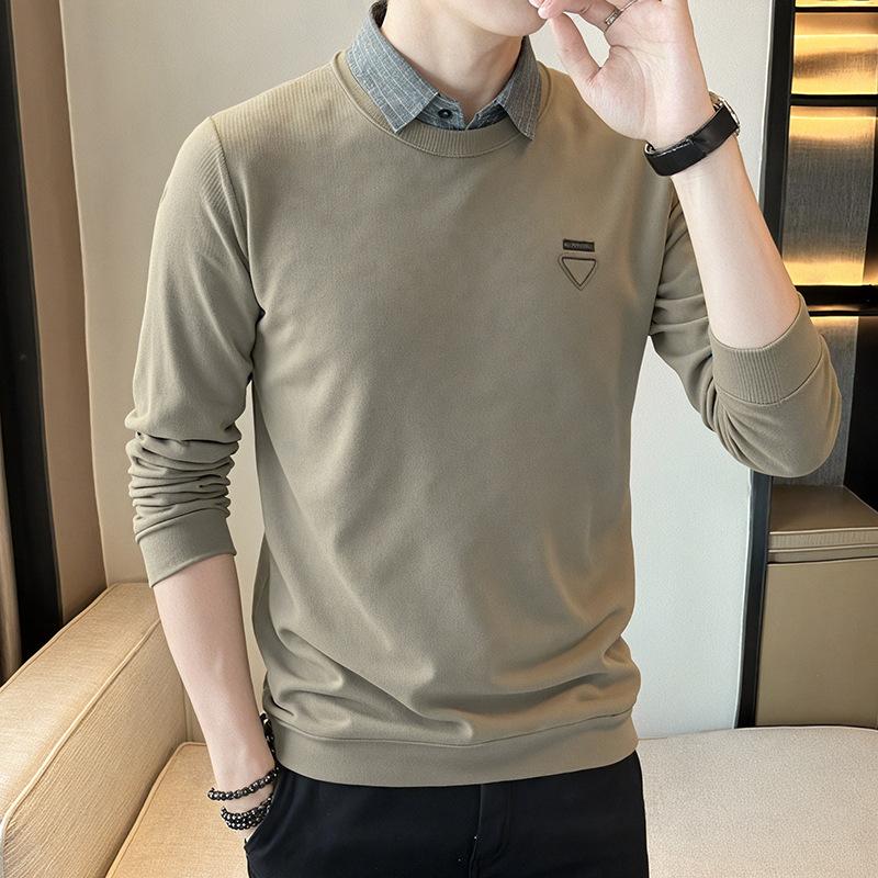 Autumn Sweatshirt Men's Long-sleeved Fake Two-piece Shirt Collar Fashion Top New T-shirt Base Shirt Dad Outfit