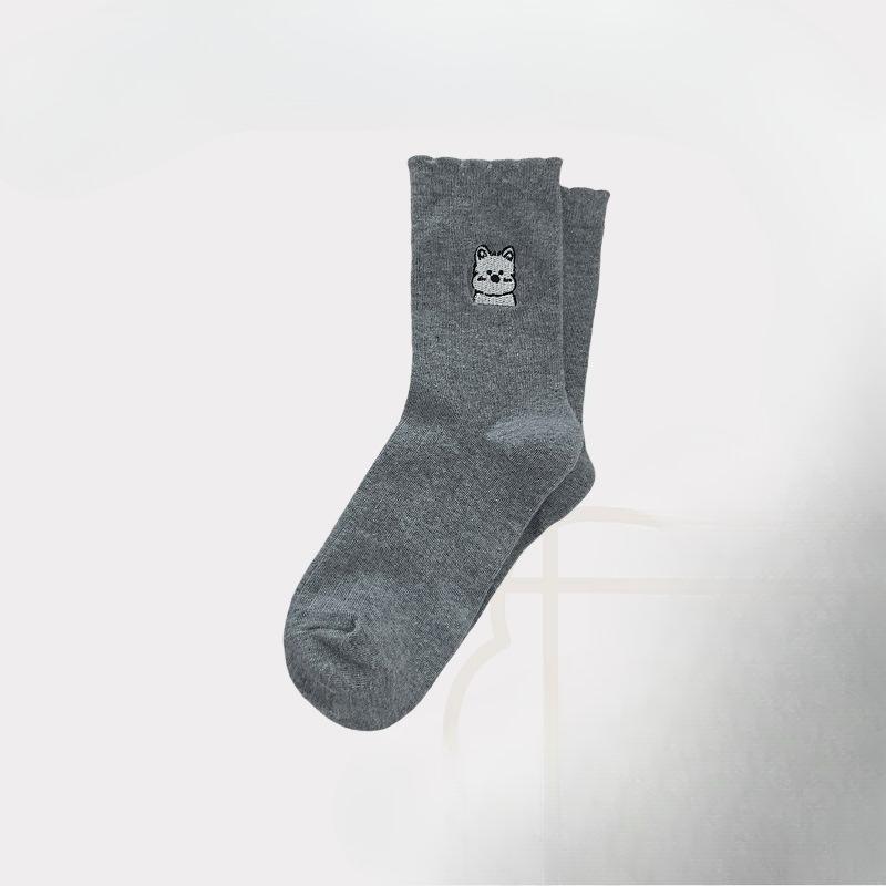 

Белые женские носки, носки из чистого хлопка до середины икры для весны и осени, модные летние, серые махровые носки, милые носки до икры с щенком 1 pair серый