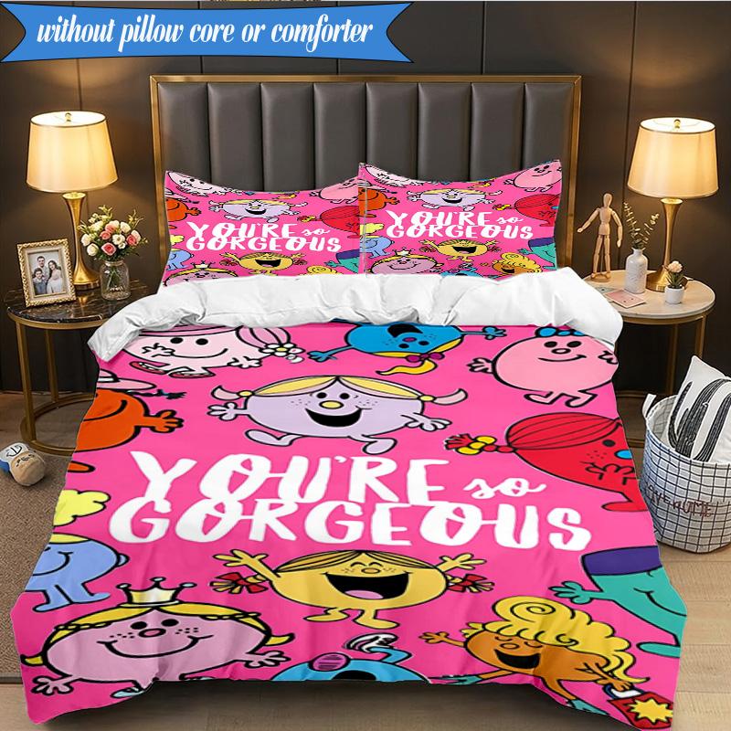 3PCS Mr Man Colorful Creatures Bedding Set 2D Printing (Includes 1 Duvet Cover + 2 Pillowcases Coreless), Bedroom decor,Fan gift