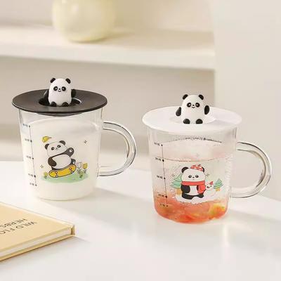 Cute Panda High Borosilicate Glass Cup High Appearance Level Covered Office Drinking Cup  Graduated Milk Cup  Coffee Cup