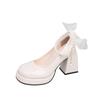 Women's new autumn chunky single shoes round head shallow mouth butterfly knot beaded platform high heels