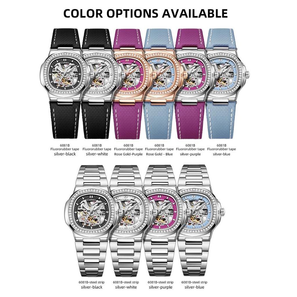 Skeleton Mechanical Watches Rose Gold Case Diamond Bezel Luminous Waterproof Fluororubber Strap Watch