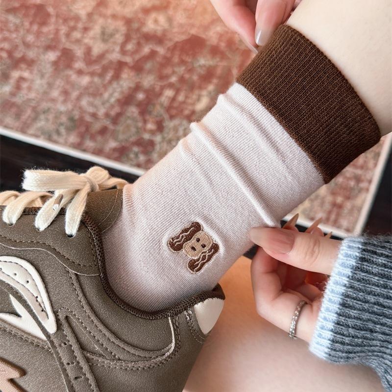 Color-blocking Cartoon Embroidered Socks, Women's Mid-calf Socks, Small Animal Color-blocking, Trendy and Individualistic Pure Cotton Long Socks