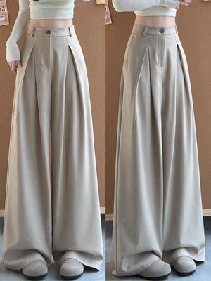 Women's Khaki High-Quality Straight-Leg Drape Suit Pants - Spring 2026 Style