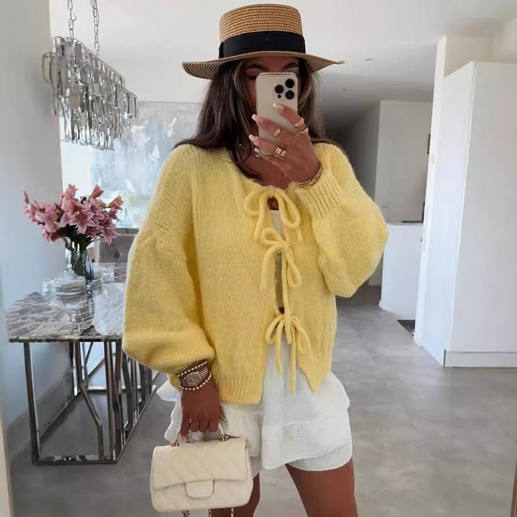 Women's Classic Tie-Front Knit Cardigan - Solid Color Round Neck Sweater Casual Pullover