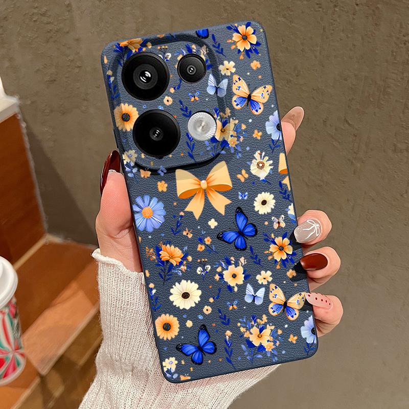 Blue Butterfly Floral Pattern Case For Xiaomi 14T 13T 11T Pro Funda Redmi Note 14 13 12 11 Pro 5G 4G Leather Texture Silicone Cover