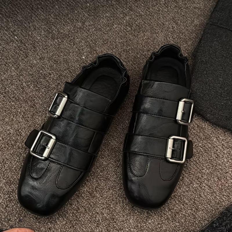 Spot sheepskin version retro Block square head loafer single shoes women s versatile black belt buckle small leather shoes 40 чёрный