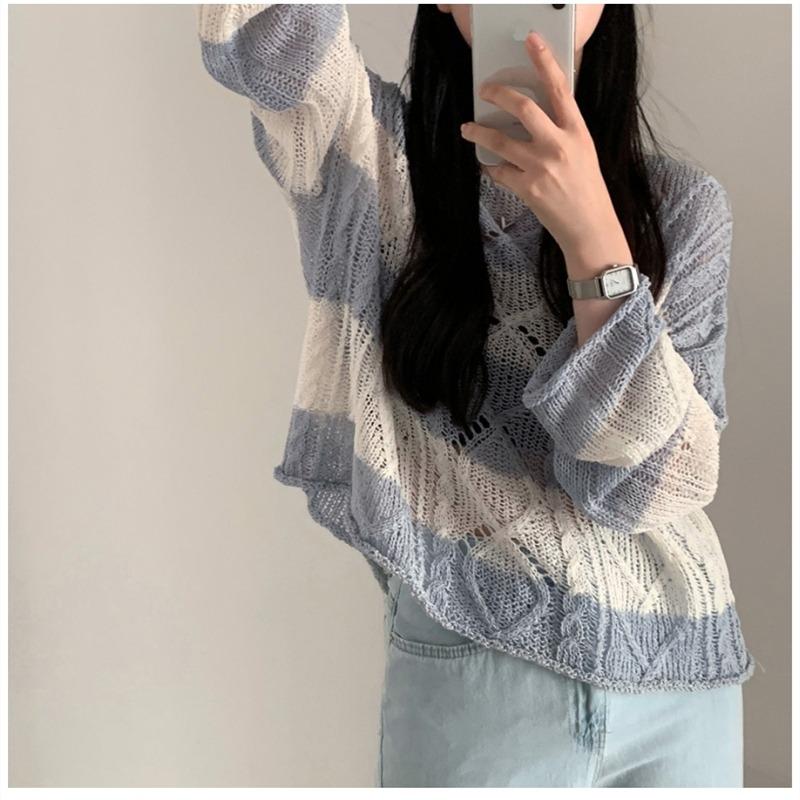 New Casual Twist Long Sleeved Striped Sunscreen Knitted Sweater Korean Style Women Retro Top Thin Hollow Out Loose Blouse O Neck Simple Clothing