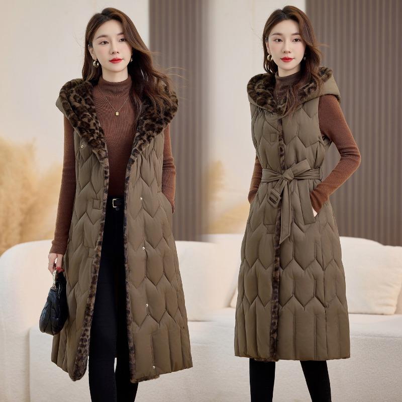 Leopard print plus slim-fit hooded cotton vest to keep warm in autumn and winter women's long and thin double-sided down cotton vest vest