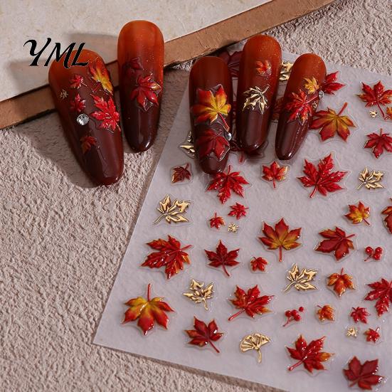 Autumn Nail Decals Maple Leaf Stickers, Self-Adhesive Fall Leaves Decals, Embossed Stickers Women Manicure for Home and Salon Use Easy Application