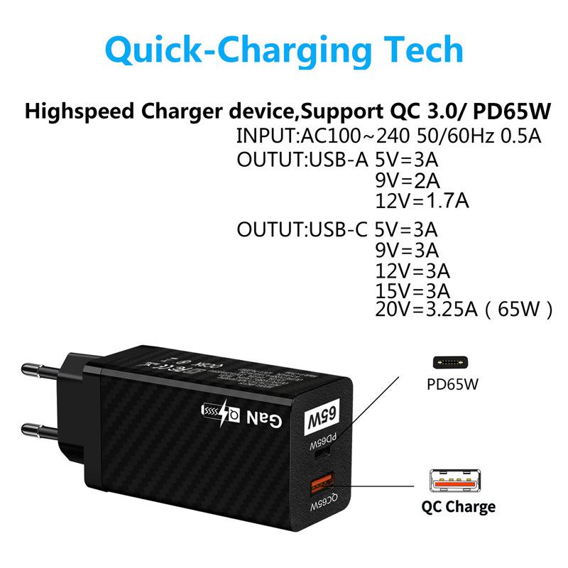 GaN PD65W Fast Charger (CE/FCC/RoHS) - Gallium Nitride Laptop Adapter