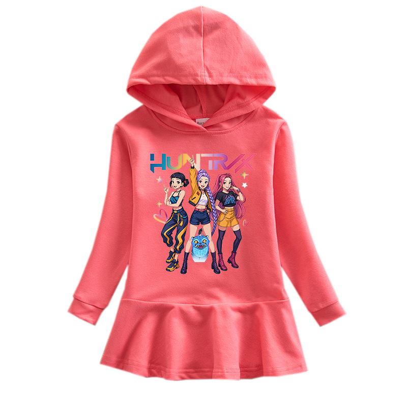 Kpop Monster Hunter Girl Group Ruffle Cartoon Rainbow Long Sleeve Hooded Princess Dress for Kids