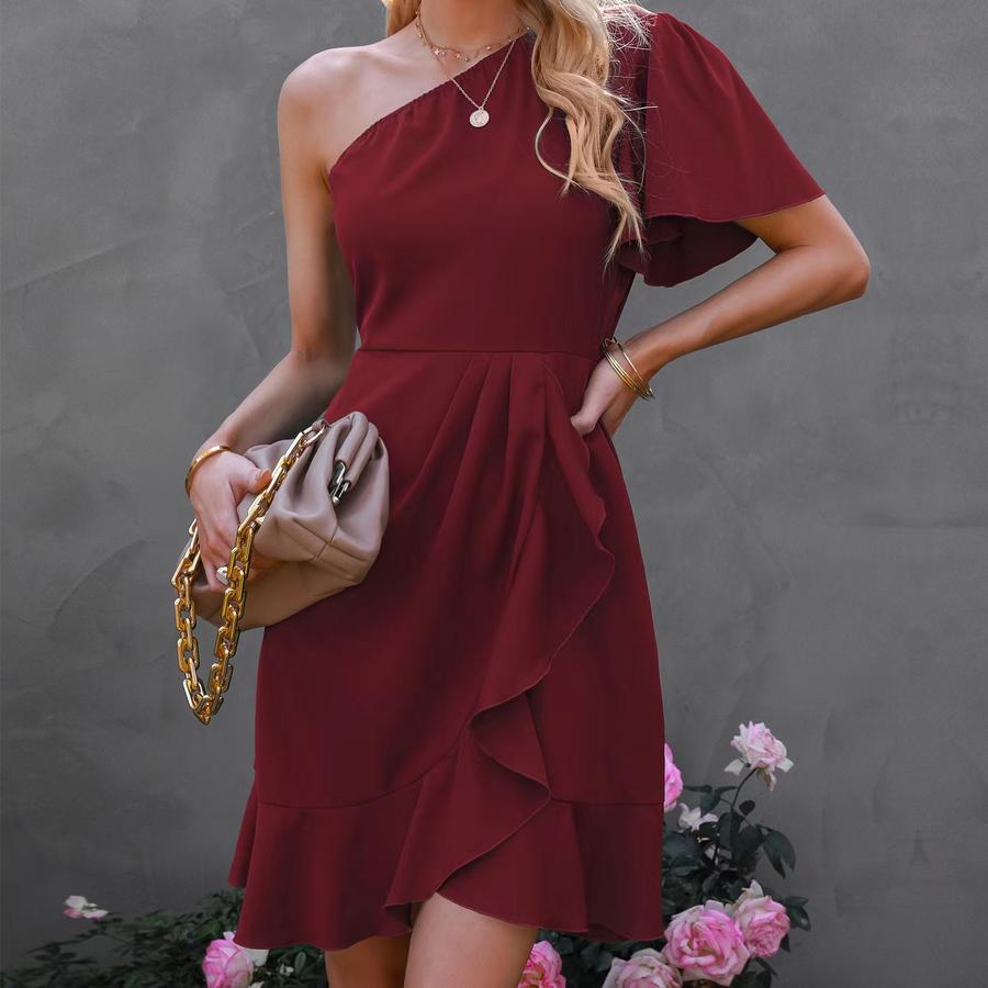 

Spring Solid Color One-Shoulder Slant Shoulder Ruffles High Waist Midi Skirt XL червоний