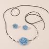 Collier Chaîne Corde à Lacets Tissu Jean Bleu Collier Ras-du-cou Fleur Ensemble Boucles d'Oreilles pour Femmes Bijoux de Mode Cadeau