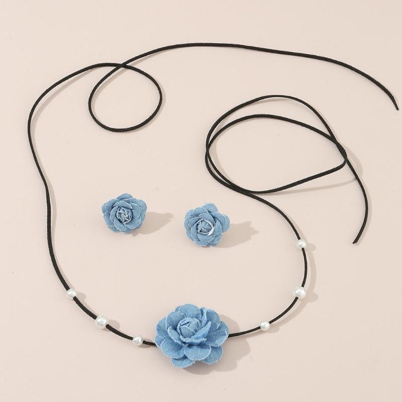 Collier Chaîne Corde à Lacets Tissu Jean Bleu Collier Ras-du-cou Fleur Ensemble Boucles d'Oreilles pour Femmes Bijoux de Mode Cadeau