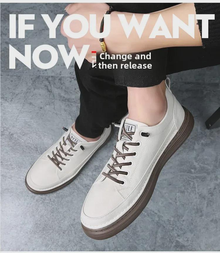 Men's Genuine Leather Versatile Sneakers - Breathable Casual Sports Shoes In Trendy White for Spring 2024