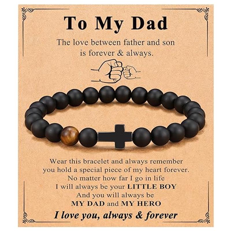 Elastic Natural Stone Beaded Cross Bracelet For Dad Godfather Husband Brother Faith Love Hope Gifts