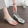Square head crystal high heel cool slippers women's 2025 summer French temperament sexy rhinestone open toe wearing silver sandals