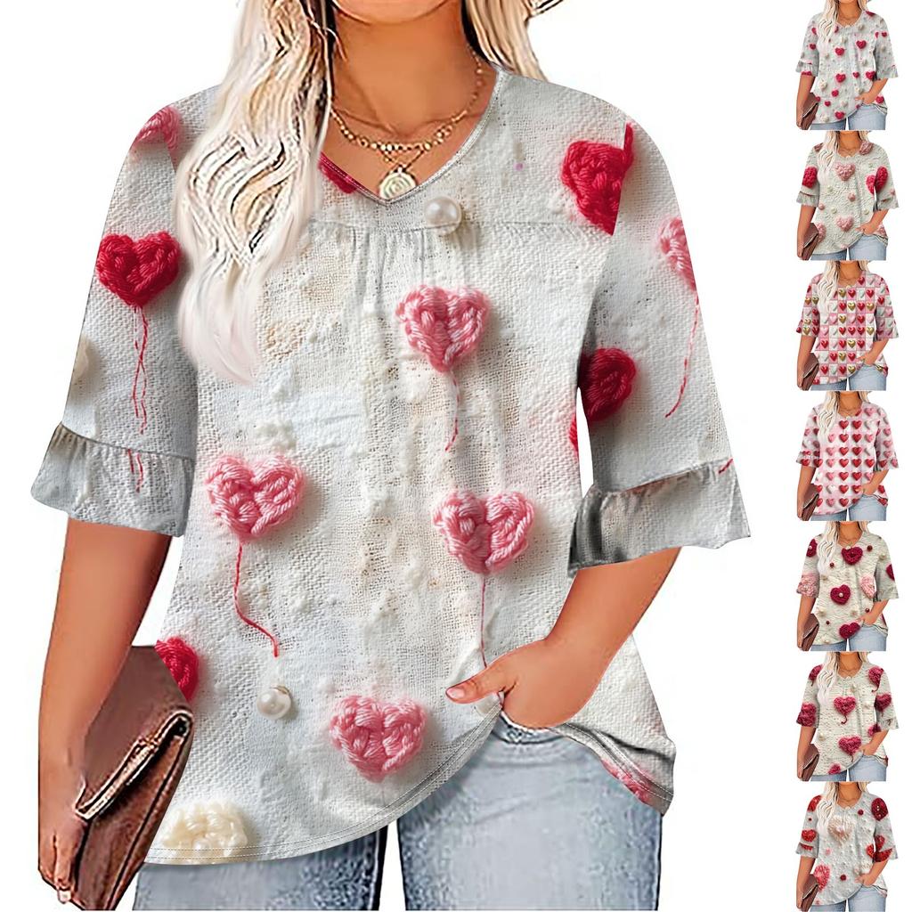 Women's Fashion Casual  Printed V-Neck Pleated Seven Minute Sleeve Ruffle Sleeve T-Shirt Plus Size Tops