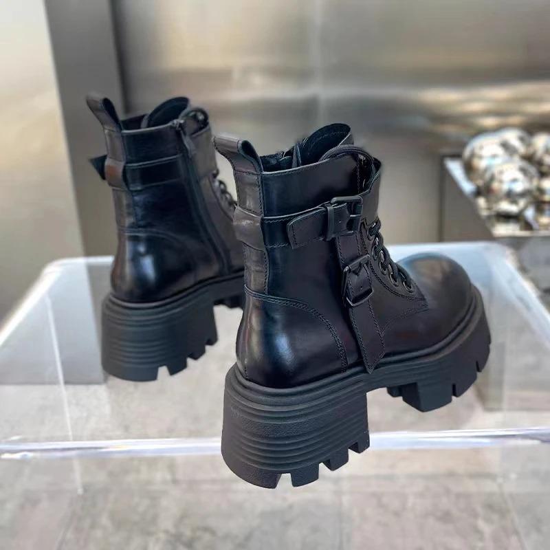 Black Punk Ankle Thick-Soled Motorcycle Ankle Boots Women'S Lace-Up Spring Thick Heel Belt Buckle Pocket Designer Chunky Shoes