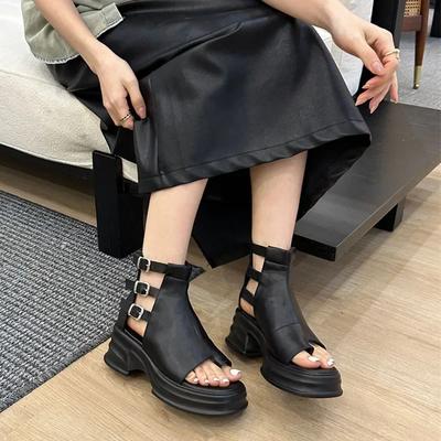 Sandales montantes à plateforme pour femmes, style rétro, bout ouvert, boucle de ceinture, semelle creuse décorative, semelle épaisse, fermeture éclair arrière, chaussures romaines